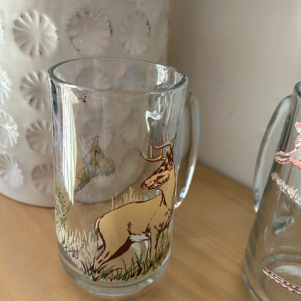 Vintage Hunting Wildlife Pheasant & Deer Set of 2 Glass Beer Mugs